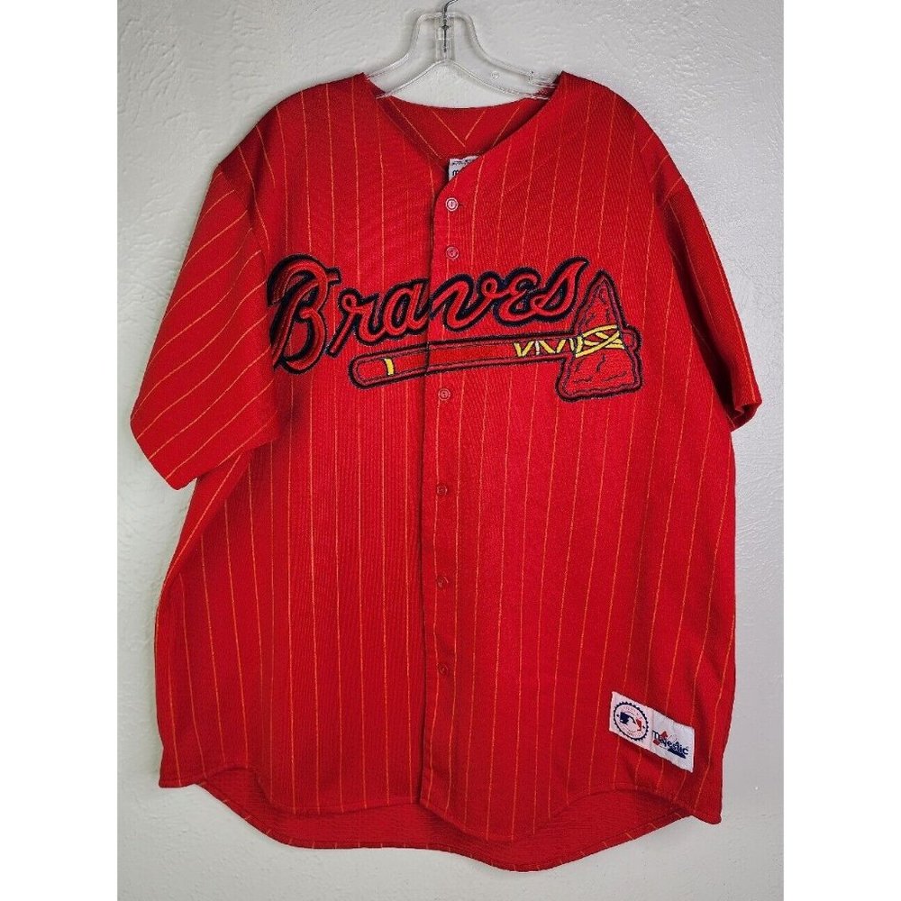 Vintage Majestic Atlanta Braves Pin Stripe Red Jersey Buttons Logo USA Mens XXL?